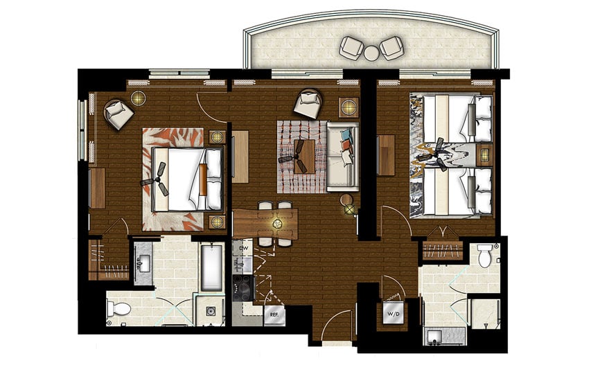 Two-Bedroom Floor Plan at Grand Waikikian Resort in Honolulu, Hawaii