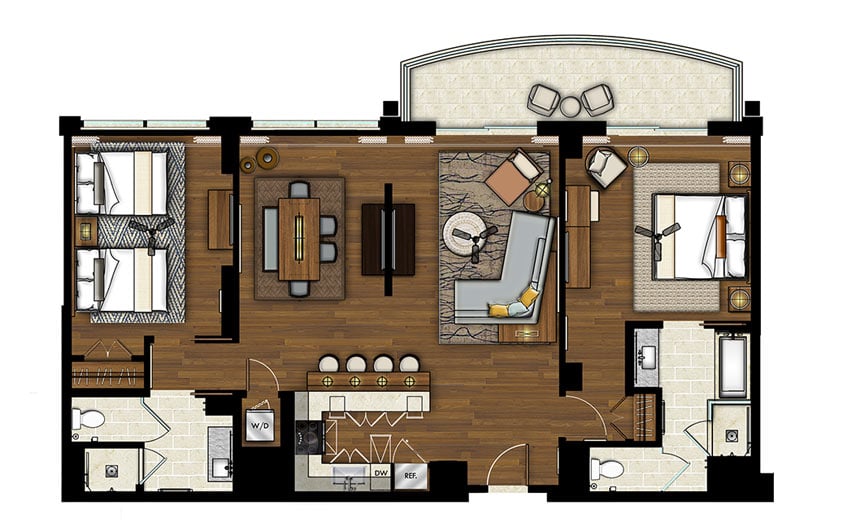 Two-Bedroom Floor Plan at Grand Waikikian Resort in Honolulu, Hawaii