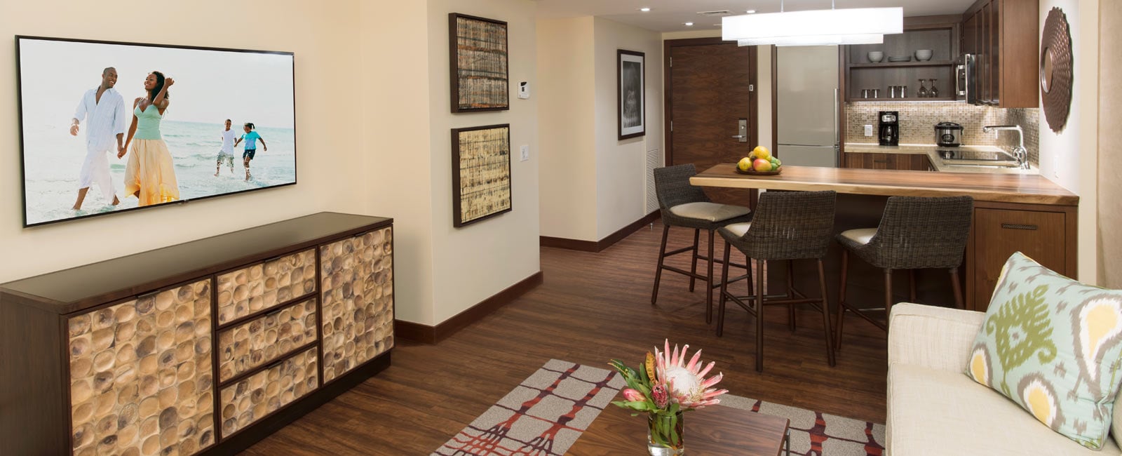 Living Area and Kitchen at Grand Waikikian Resort in Honolulu, Hawaii