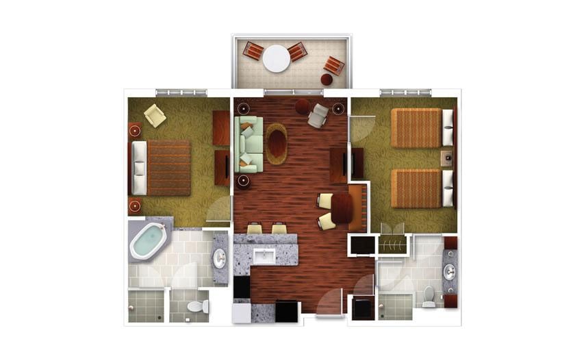 Two-Bedroom Floor Plan at Grand Waikikian Resort in Honolulu, Hawaii